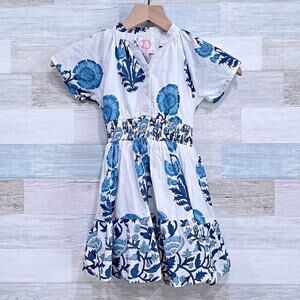 Victoria Dunn Gauze Knit Floral Smocked Waist Dress White Blue Toddler Girl 4T